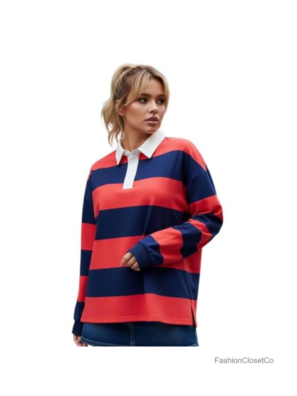 Women Striped Rugby Shirt Color Block Polo Sweatshirt Loose Fit